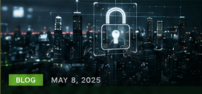 City skyline with a digital lock overlay